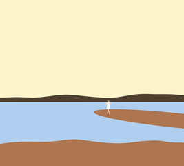 Woman in white dress standing on beach and looking to the sea. Relaxing and enjoying peace on holiday vacation. Tourist destination.