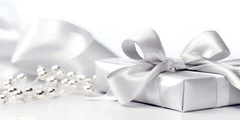 White and gray gift box with ribbon bow and space for text