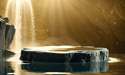 Empty product display podium with water reflection and rock on gold background. 3D rendering, Blank space for montage product display. generative AI