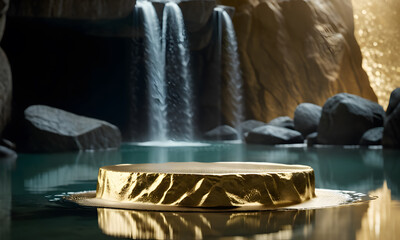 Empty product display podium with water reflection and rock on gold background. 3D rendering, Blank space for montage product display. generative AI