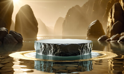 Empty product display podium with water reflection and rock on gold background. 3D rendering, Blank space for montage product display. generative AI