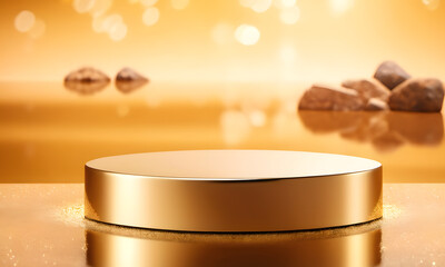 Empty product display podium with water reflection and rock on gold background. 3D rendering, Blank space for montage product display. generative AI