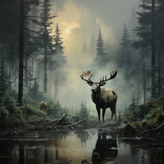 A moose grazing in the fog in a forest 
