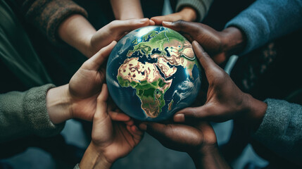 Group of young people holding a globe earth. Generative AI