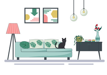 A sofa with a sitting cat, pillows, a floor lamp and a dressing table. Modern living room interior. For brochures, leaflets, flyers and other design, furniture stores. Flat vector illustration.