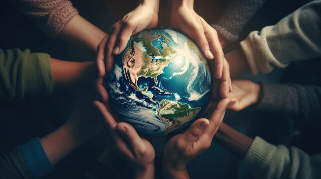 Group of young people holding a globe earth. 