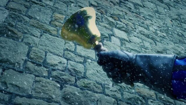 Historical Dress Man Rings Bell In Snowfall

