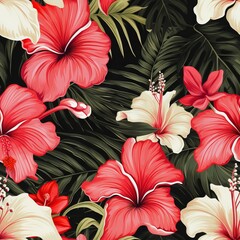 Tropic painting floral wallpaper. Red and pink hibiscus, plumeria and palm banana leaf