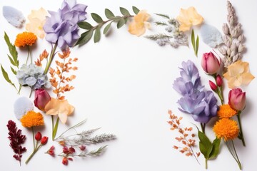 Aerial Beauty: Blooms and Brush on Colorful Flat Layout Background. Generative AI