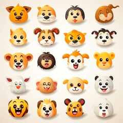 Set of animal faces, face emojis, stickers, emoticons,cartoon funny mascot characters face set