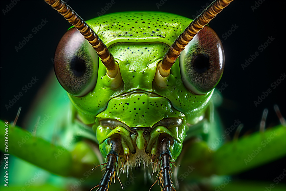 Wall mural portrait of green grasshoper, macro photography, super detail front face.