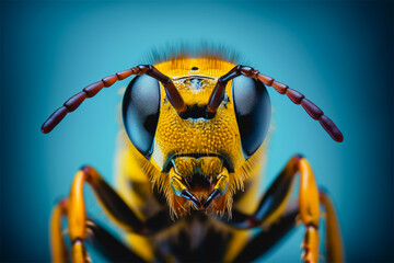 Portrait of yellow bumblebee, macro photography, super detail front face.