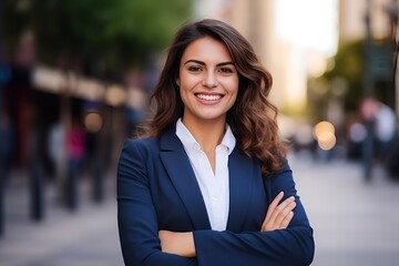 Young happy pretty smiling professional business woman, happy confident positive female entrepreneur standing outdoor on street arms crossed, looking at camera