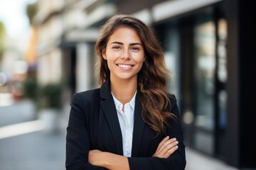 Obraz premium Young happy pretty smiling professional business woman, happy confident positive female entrepreneur standing outdoor on street arms crossed, looking at camera