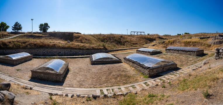 Panoramic view early bronze age tombs in Alacahoyuk. Alacahoyuk is the site of a Neolithic and Hittite settlement.