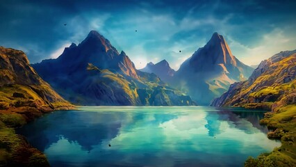 Calm view of the lake between mountains and rocky hills, 4k quality looped video