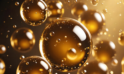 Oil bubbles background bubbling drops of gold liquid. AI generative