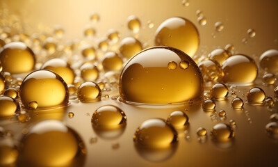 Oil bubbles background bubbling drops of gold liquid. AI generative