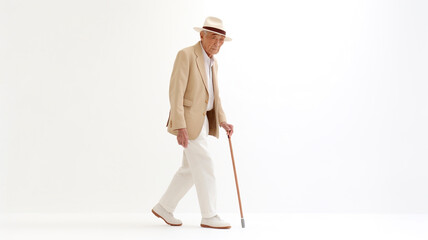 Asian senior man with a cane walking
