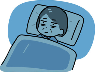 布団の中で眠れないパジャマのシニア女性(上半身)