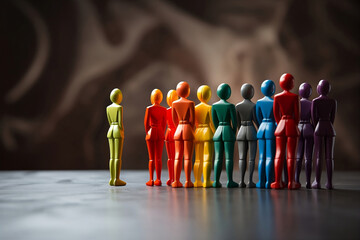 Colorful plastic figures standing in a row on a dark background. Group of persons excluding one of them. Lgtbiq+ colors.  - obrazy, fototapety, plakaty