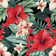 Tropic painting floral wallpaper. Red and pink hibiscus, plumeria and palm banana leaf