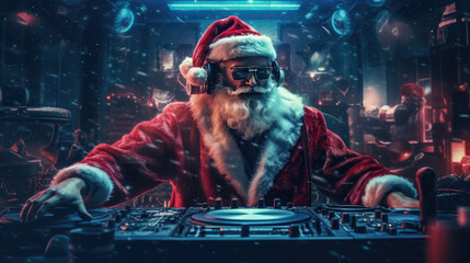 Santa claus taking on the role of a DJ in a bustling club