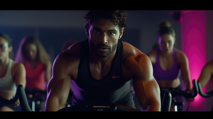 A group fitness classes, exercising on a spinning bike in the gym