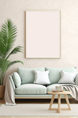 Mockup frame in living room background with minimal sofa, 3d render