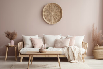 Scandi-boho style interior design with fabric sofa, 3d render 