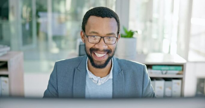 Business, happy black man and computer in office for planning online report, reading email and research on internet. Face of worker with glasses at desktop for project update, information or analysis