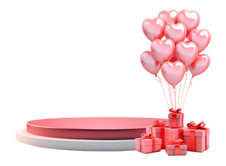 3D podium Valentine Gift boxes presents with heart shaped balloons decorations elements, Empty stage display presentation product, isolated on white and transparent background, ai generate