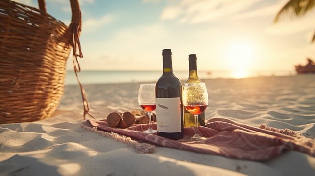 Bottle of wine with glasses in the white sand beach of the Maldives. Outdoor picnic. Generative AI