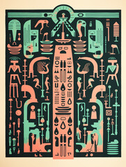 A Risograph Illustration of Grainy Egyptian Hieroglyphics Telling a Story