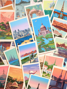A Risograph Illustration of Layered Postcards from Iconic World Destinations