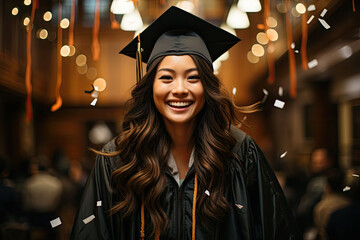 girl, beautiful Asian teenager, a 12th grade senior in gradutation cap and gown. generative ai