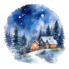 Watercolor winter landscape with wooden house in the forest. New Year Winter transparent Background png