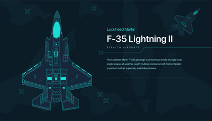 Obraz premium The Fighter Jet 35 Vector Illustration | Line Art, Outline, Wireframe, Blueprint | Blue Color