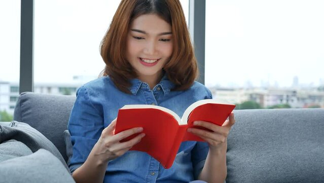 Young asian woman reading book on cozy couch sofa at warm home. Relax woman holding book read on sofa near window happiness.woman reading open book leisure mind. Happiness woman lifestyle at home