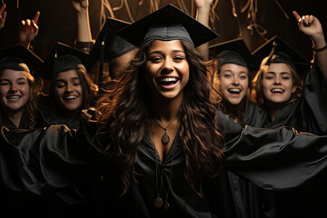 Obraz premium beautiful,olive skin, all ethnically different friends, a 12th grade senior in gradutation cap and gown.