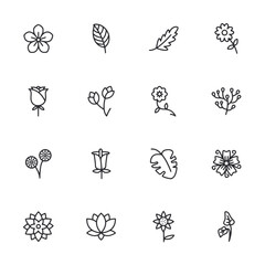 floral outline icons set isolated on white background vector illustration