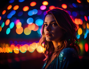 Young Woman covered in multicolored lights bokeh background. AI generative
