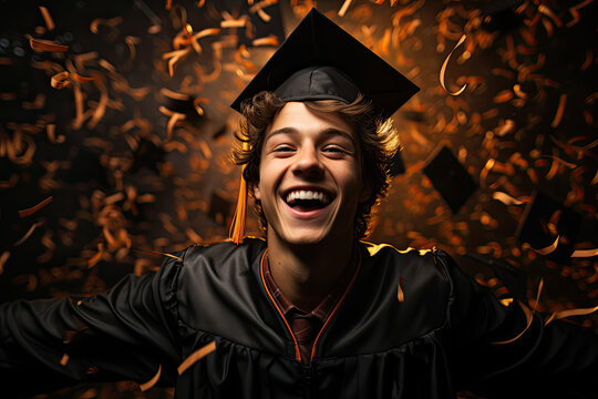 boy, beautiful olive skinned teenager, a 12th grade senior in gradutation cap and gown.genearative ai