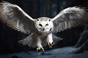 Image of snowy owl flying on clean background. Bird. Wildlife Animals. Illustration, Generative AI.