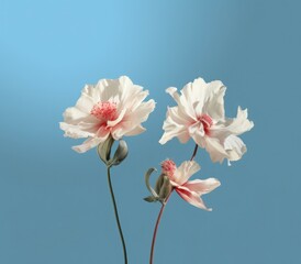 Beautiful highly detailed white and red flower on a blue cyan background, negative space gradient backdrop, floral arrangement, ultra HD