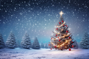 Holiday background with Christmas tree, snow, winter