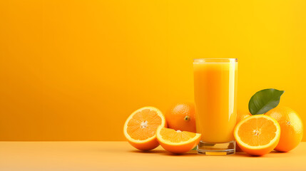 orange juice with fresh fruit on yellow background