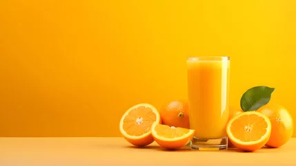 Tuinposter orange juice with fresh fruit on yellow background © TilluArt