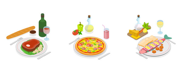 3D Isometric Flat  Set of Classic European Cuisine, French, Italian and Mediterranean Cuisine