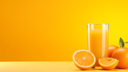 orange juice with fresh fruit on yellow background